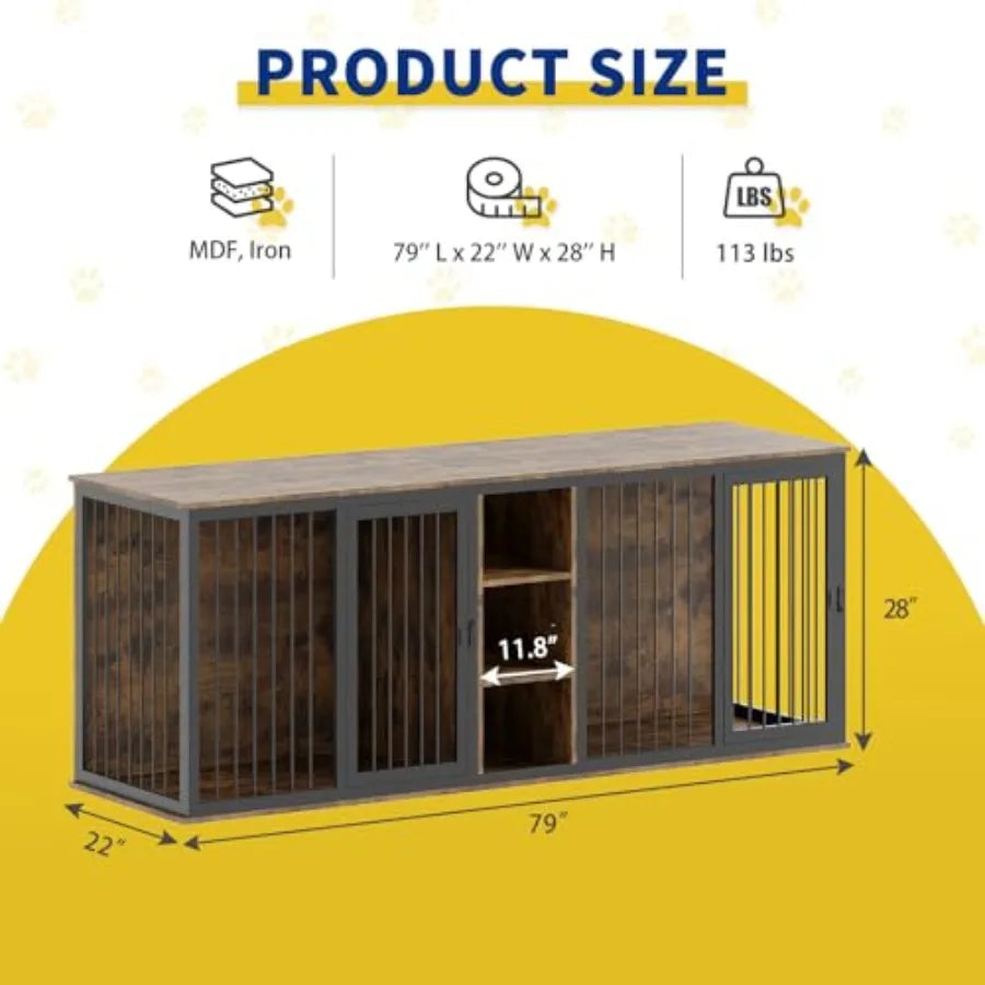 Dog Crate Furniture Indoor for 2 Dogs 79'' Farmhouse Steel Frame Wooden Dog Kennel with Adjustable Division Board and Sliding D