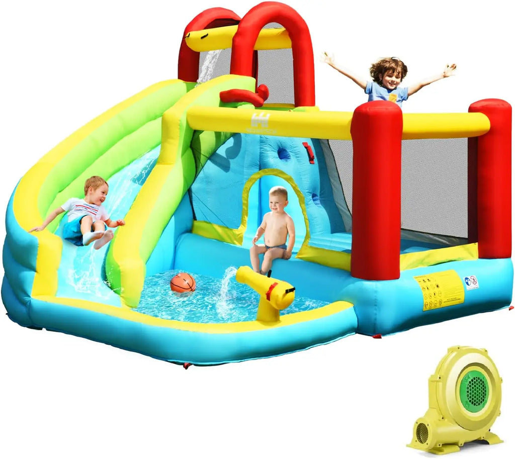 Inflatable Water Slide & Bounce House w/Splash Pool, Climbing Wall, Indoor/Outdoor Blow Up Water Slide for Kids & Adults (735w B