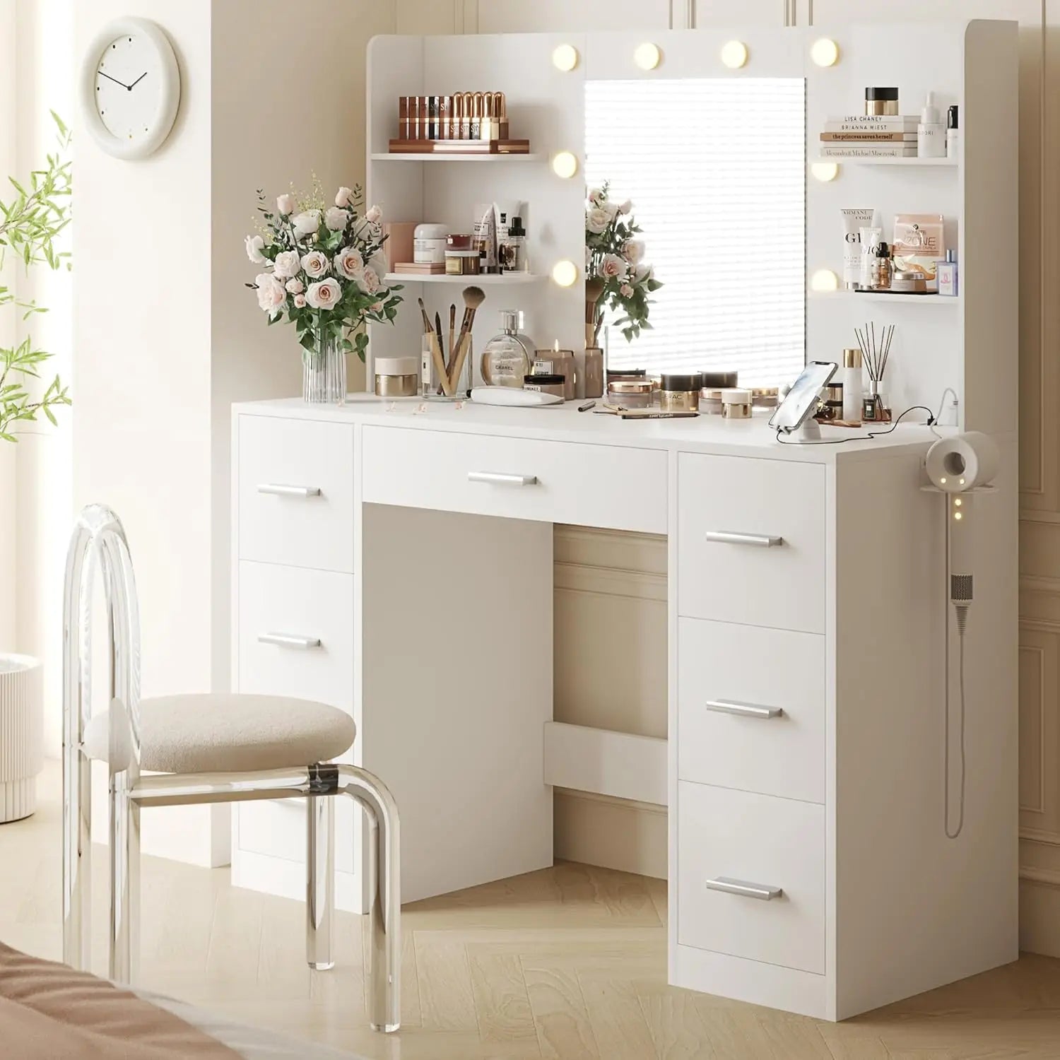 Vanity Desk with Mirror, Power Outlet and 10 Lights, Makeup Table with 7 Drawers, 3 Color Modes Available for Bedroom