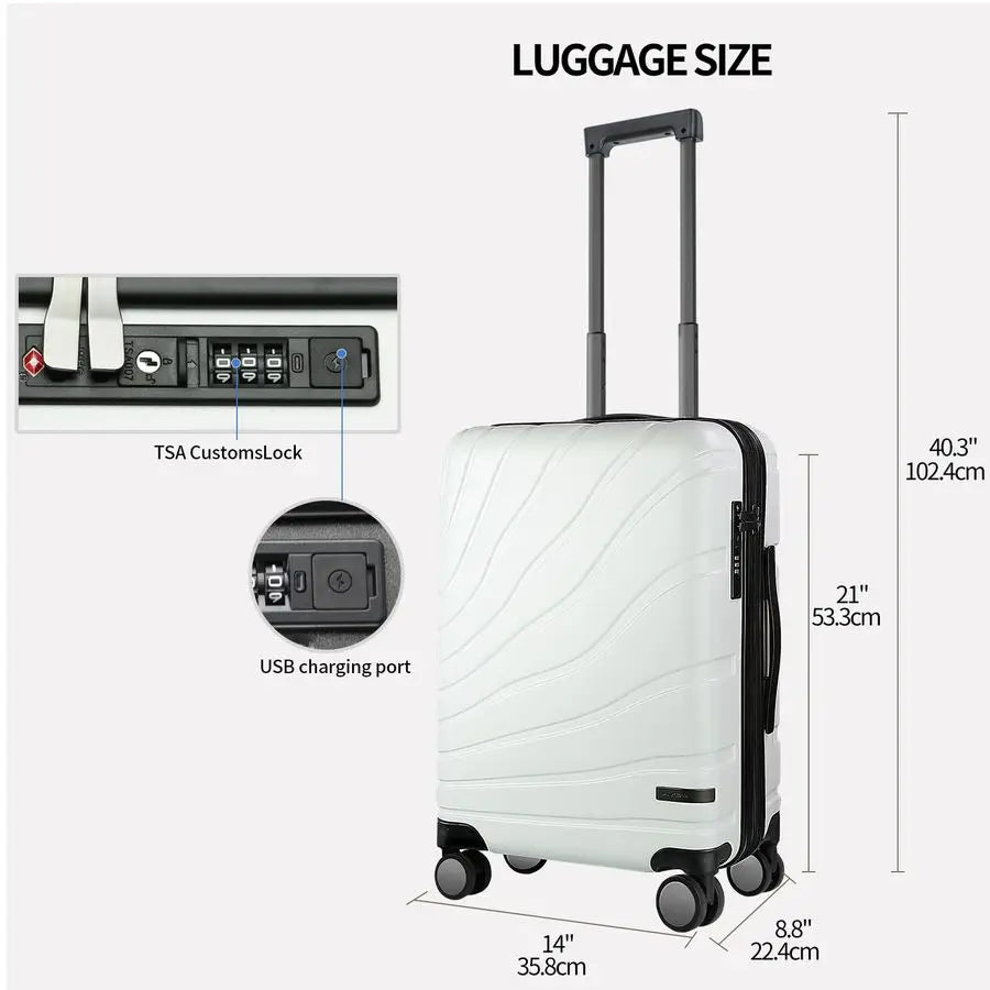 On Luggage with Spinner Wheels amp TSA Lock, Expandable Fashionable Hard Shell Suitcase airline approved20 Inch CarryOnWhite