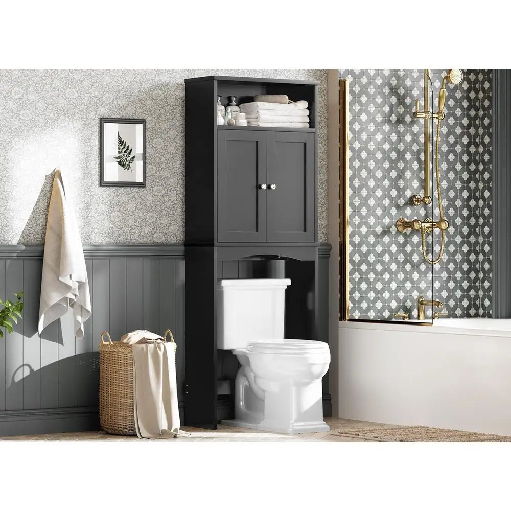 Black Over Toilet Storage Cabinet with Adjustable Shelf and Double Doors for Bathroom Organization