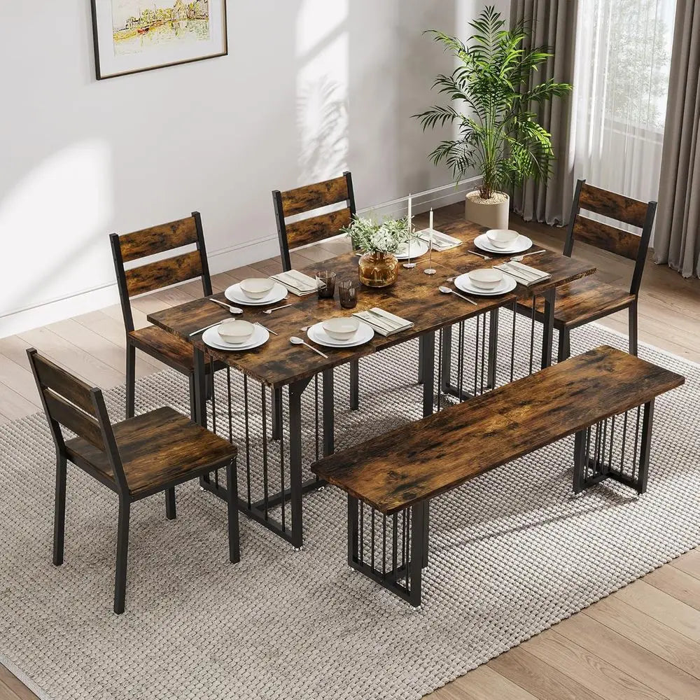 Farmhouse 6-8 Person Rectangular Dining Set, 63 Table with 4 Chairs & 2 Benches, Rustic Brown, Space-Saving for Kitchen