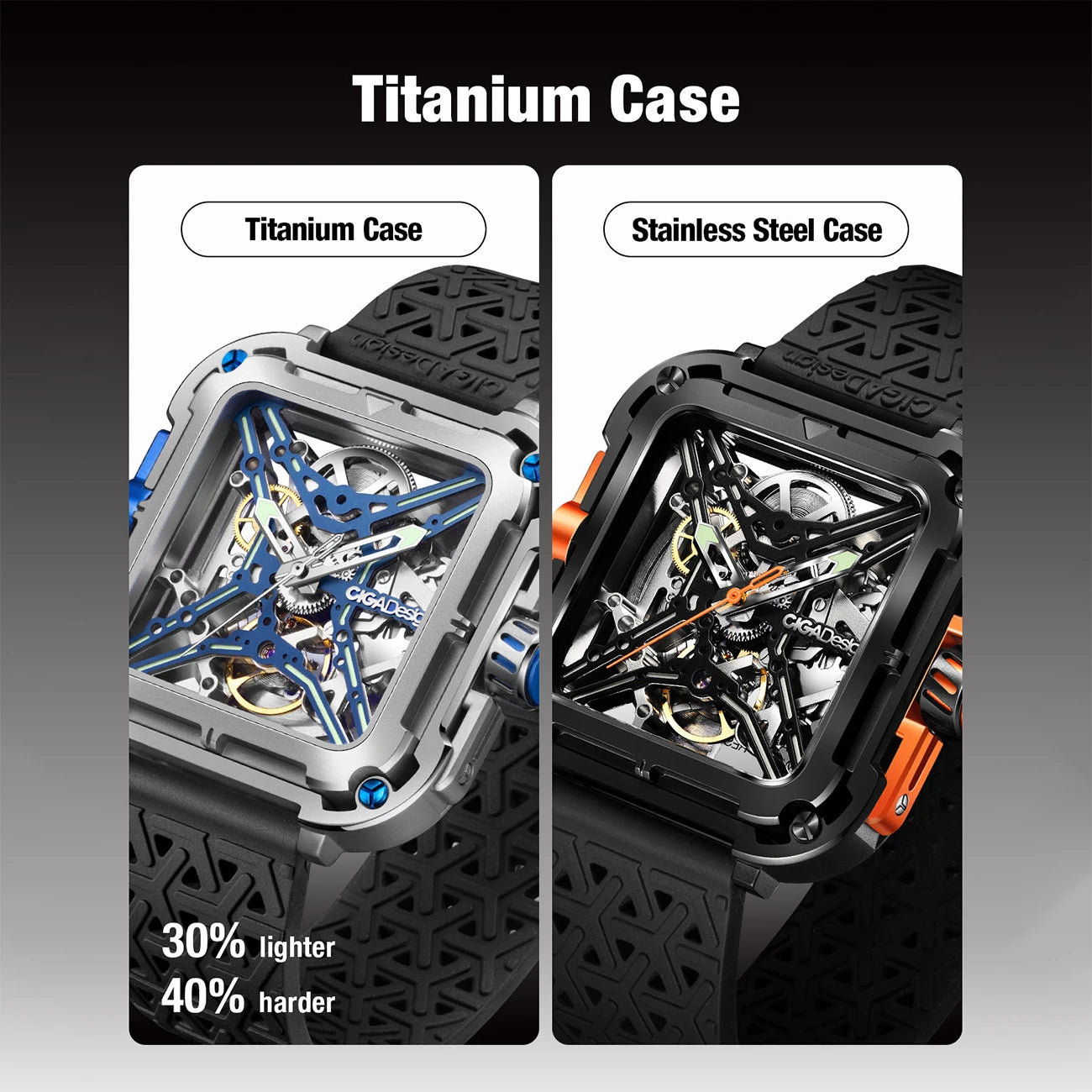 CIGA Design Mens Titanium Watch Automatic Movement 2025 X Series Fashion Luminous Skeleton Mechanical Wrist Watches Two Straps
