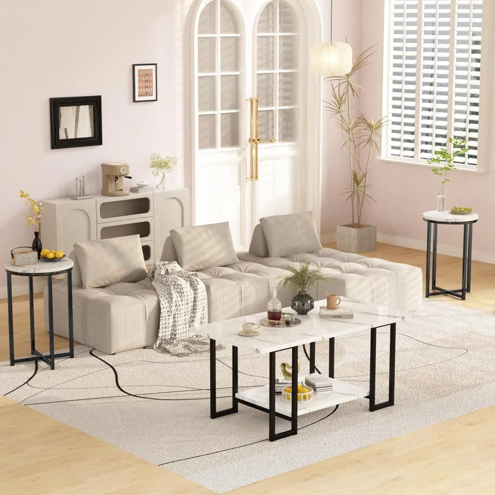3 Pieces Living Room Table Set, Faux Marble Coffee Table with 2 Round End Side Tables, Coffee Table Set with Metal Frame