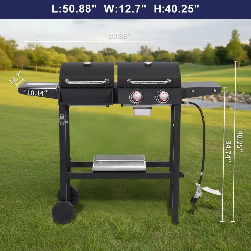Charcoal and 2-Burner Propane Gas Combo Grill with Stainless Steel Griddle & Porcelain-enameled Cast Iron Grates, Dual Fuel BBQ