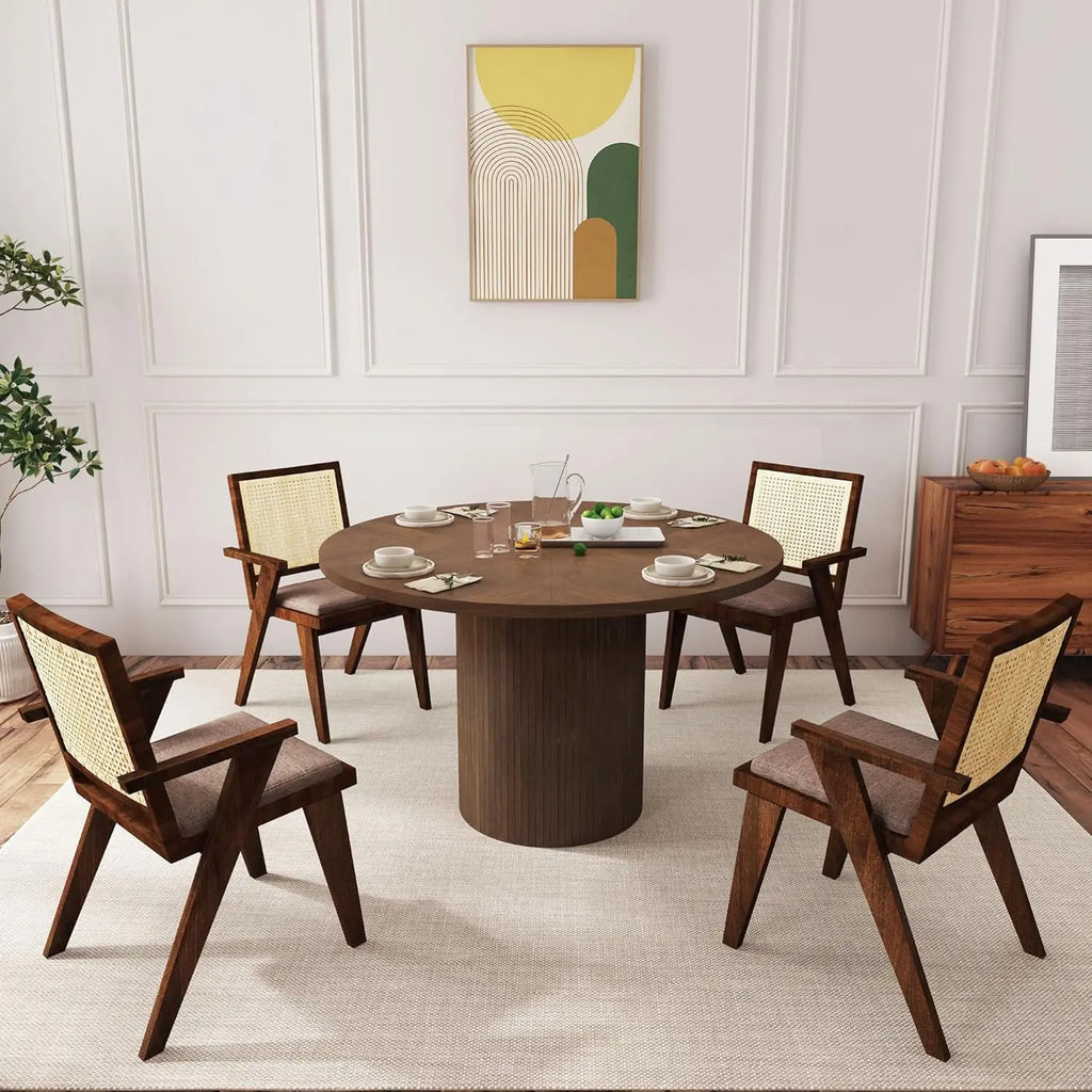 Fluted Round Dining Table, 47-inch Wood Kitchen for 4, Farmhouse Circle Table with Strip Base for Kitchen, Living Room, Walnut