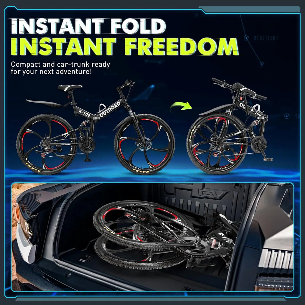 26 inch Folding Mountain Bike, Carbon Steel Frame and 21 Speed, Double Disc Brake and Dual Suspension Folding Bike
