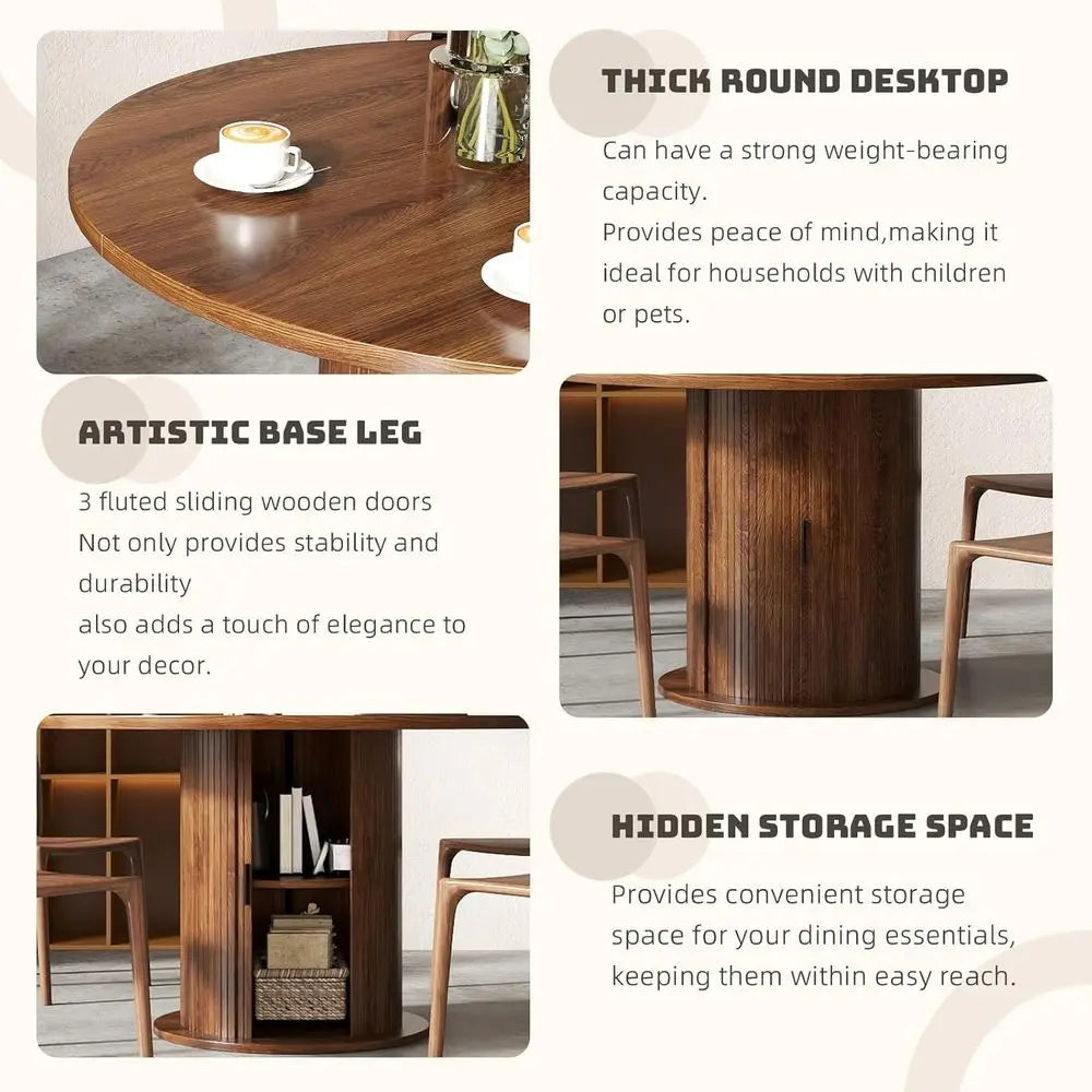 47 Circular Farmhouse Dining Table, Dark Brown, Seats 4-6, Storage Space, Suitable for Kitchen & Living Room