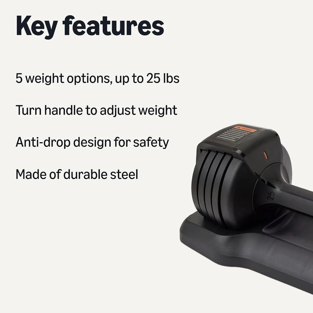 Adjustable Dumbbell 25lb with 5 Weight Options, Anti-Drop Design & Space-Saving Tray