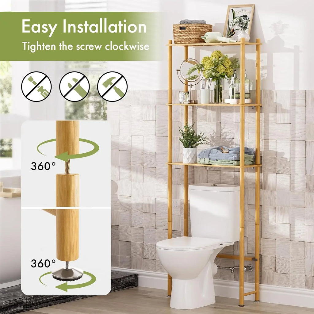 3-Tier Over Toilet Storage Shelf, Bamboo Organizer Rack for Bathroom and Laundry Space Saver, Natural Color