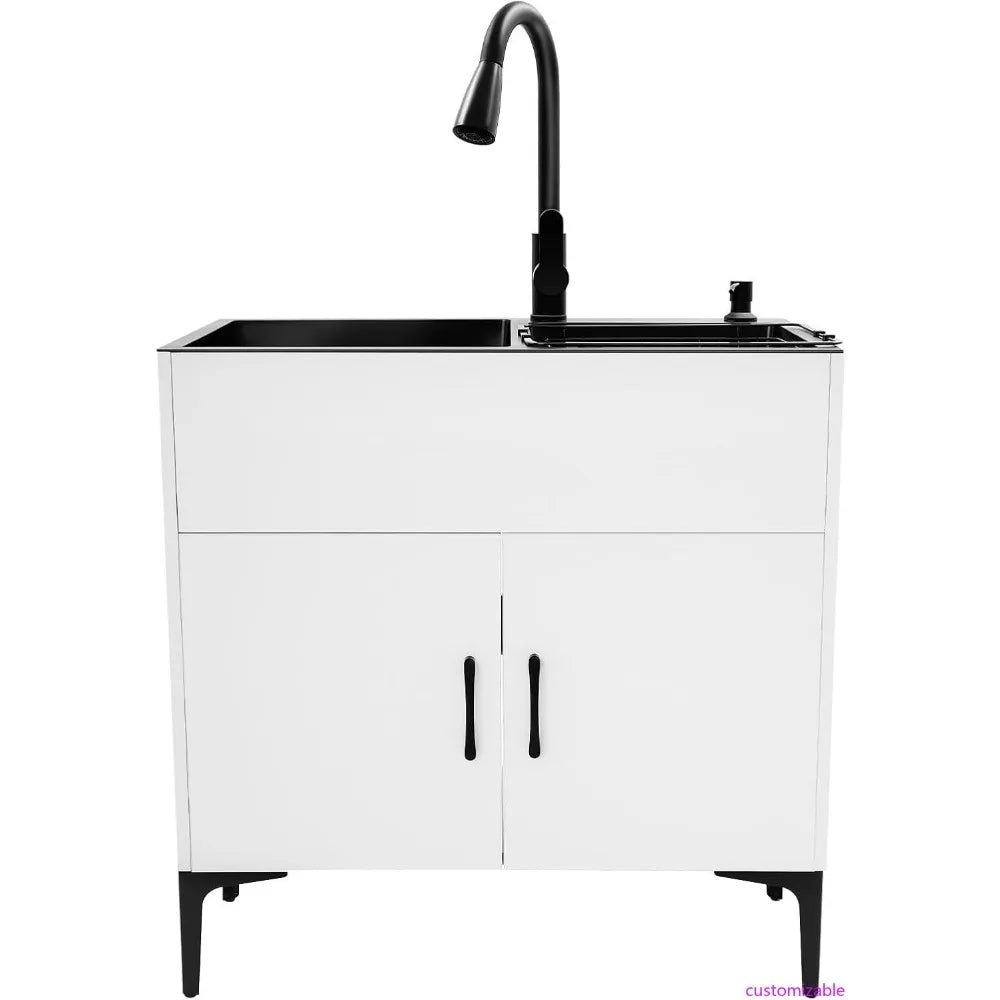 Stainless Steel 30 Laundry Sink Cabinet with Pull-Out Spray Faucet and Soap Dispenser