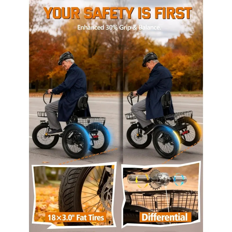 E Trike Electric Bike, Peak 1200W Brushless Motor Folding Trike 18X3.0 Fat Tire Ebike, 499Wh Removable Battery, Step-Thru