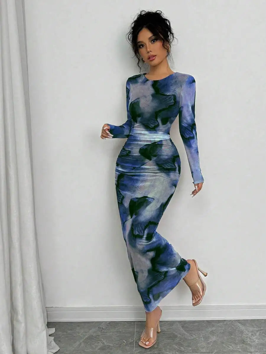 Elenzga Elegant Gradient Long Sleeve Slim Fit Women's Dress Fall Cloth For Women