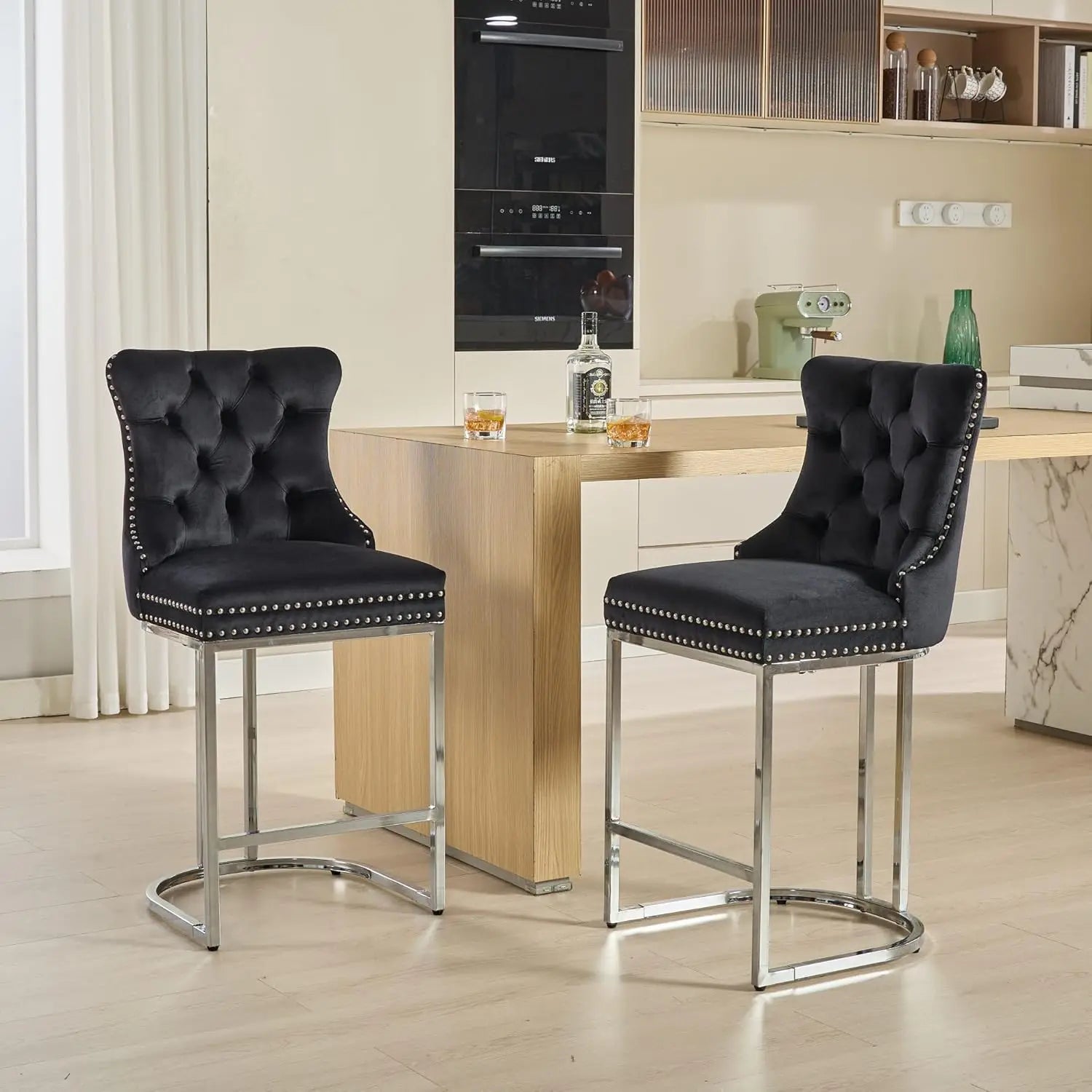 26” Velvet Upholstered Bar Stools Set of 4, Counter Height Bar Chairs with Button Back, Nailhead Rivet Trim, Chrome, Customized