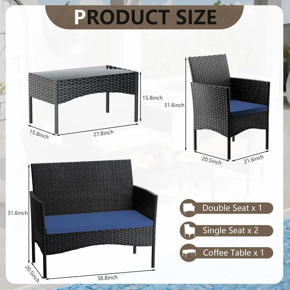 Dark Blue Outdoor Patio Conversation Set: 4-Piece Rattan Wicker Furniture with Sofa, Chairs & Glass Table for Garden, Poolside,