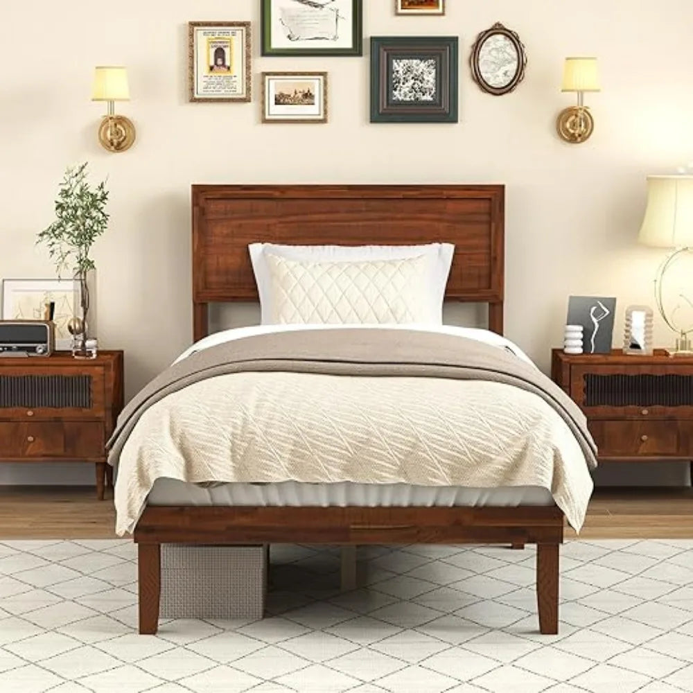 Wood Bed Frame with Headboard,Solid Acacia Platform Bed Frame,Slats Supported Bed Base with Under-Bed Storage Space,Customized