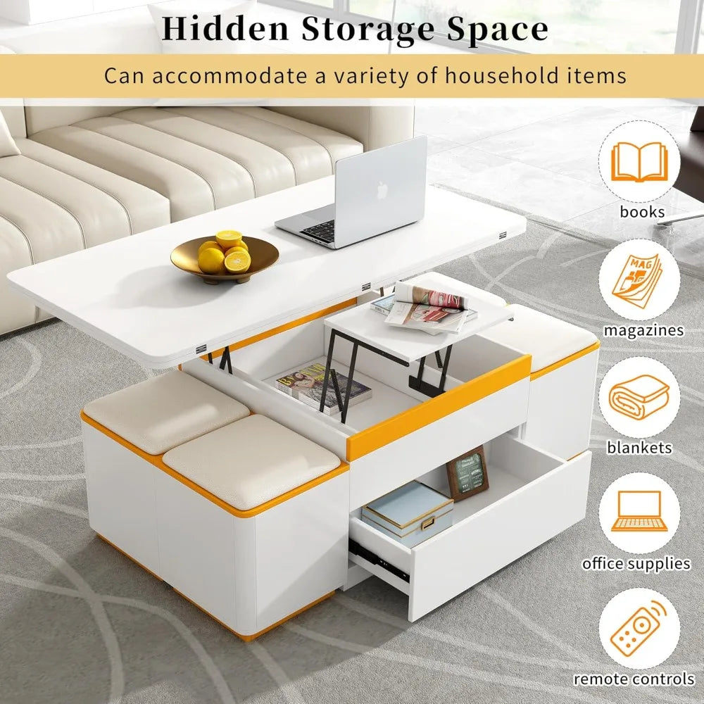 Customized.3 in 1 Lift-Top Coffee Table with 4 Storage Stools, Modern 47.2" Center Table with Foldable Top, Multi-Functional Adj