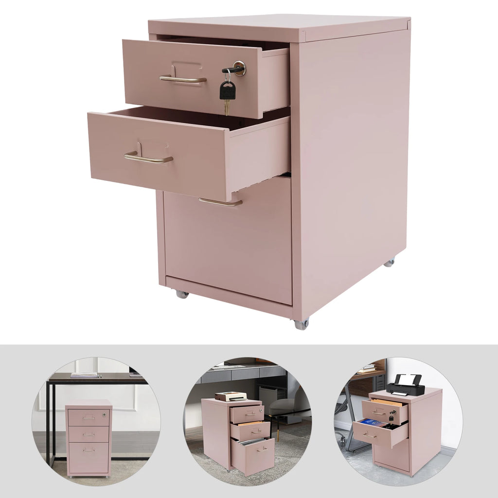 3 Tiers Rectangular Steel Vertical File Cabinet,Pink/White/Black Metal Mobile File Cabinet with Lock for Office,Study