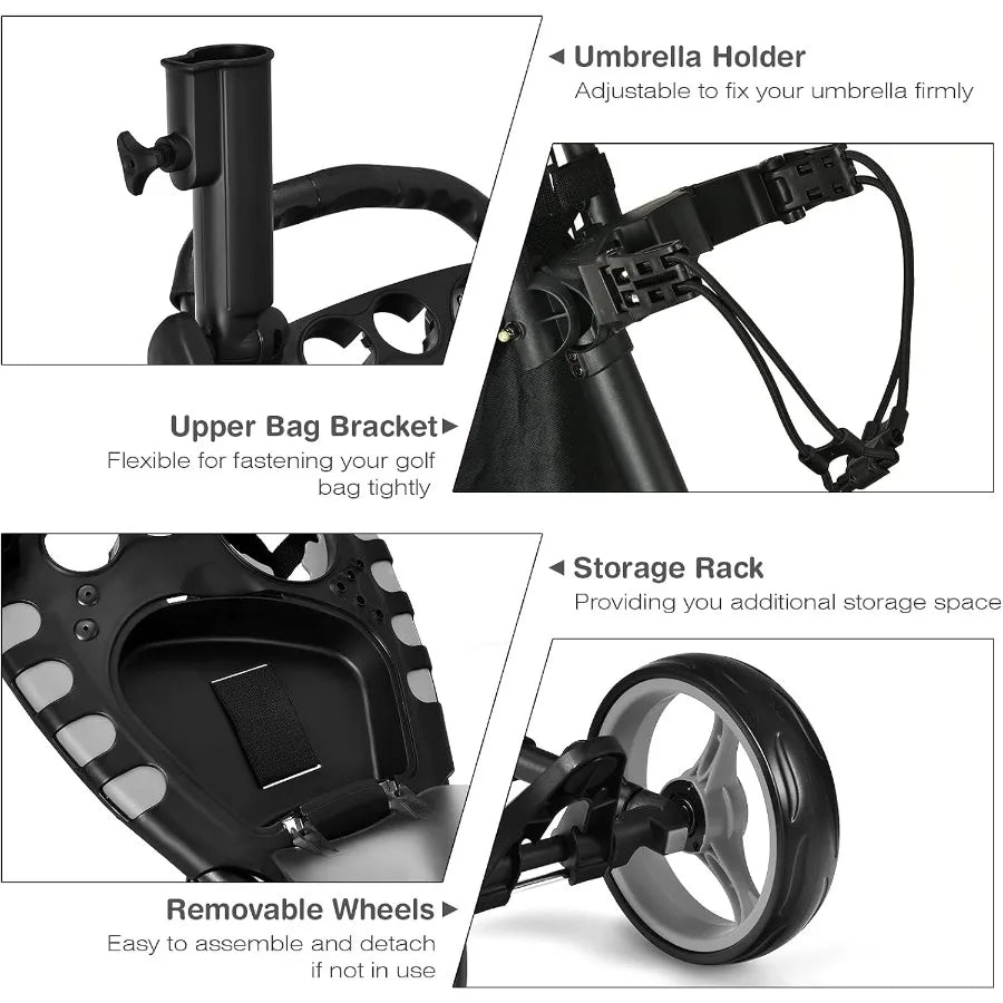 Height Adjustable Portable Golf Push Cart with Umbrella Holder Waterproof Bag Builtin Cooler Foot Brake for Easy Transport and