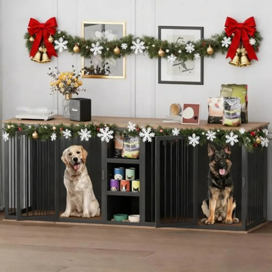 Dog Crate Furniture Indoor for 2 Dogs 79'' Farmhouse Steel Frame Wooden Dog Kennel with Adjustable Division Board and Sliding D