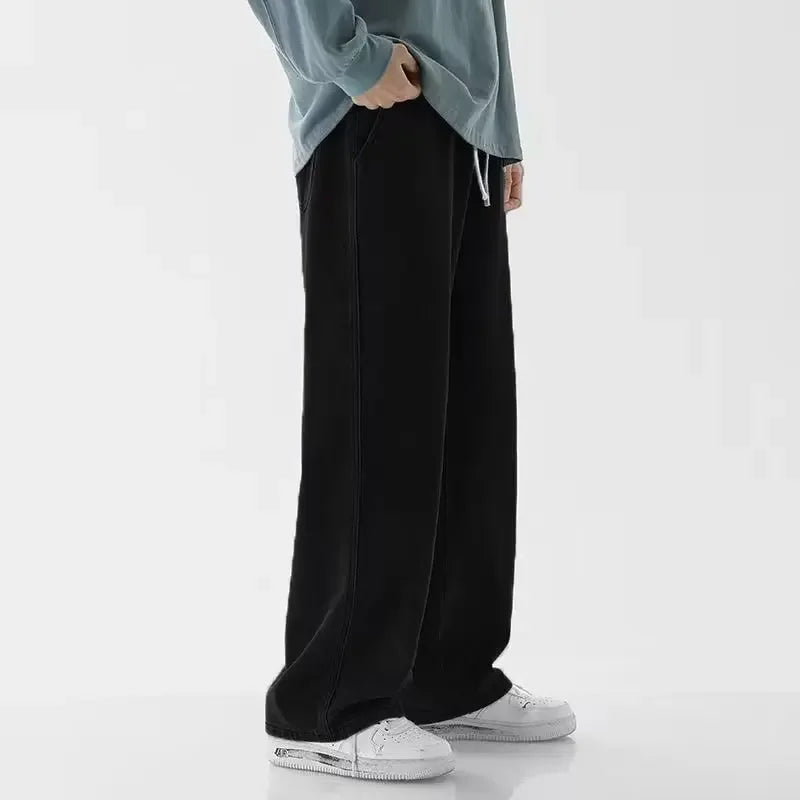 2024 New Streetwear Loose Jeans Men Korean Style Fashion Loose Straight Wide Leg Pants Men's Brand Clothing Black Light Blue