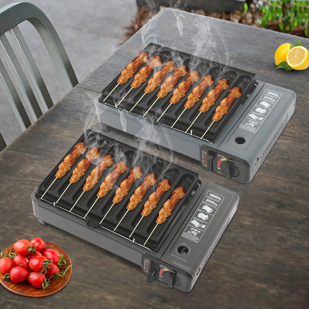 Gas Grill Stove with Sausage Grill Plate and Plastic Box Portable Camping Butane Stove Adjustable Flame for Outdoor Picnic BBQ