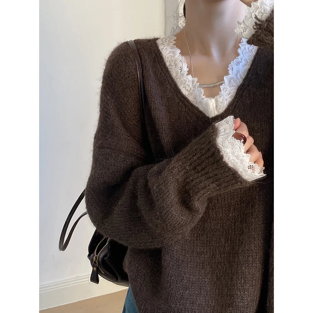 Lace Trim Warm Sweater For Women V Neck Long Sleeve Winter Loose Soft Top