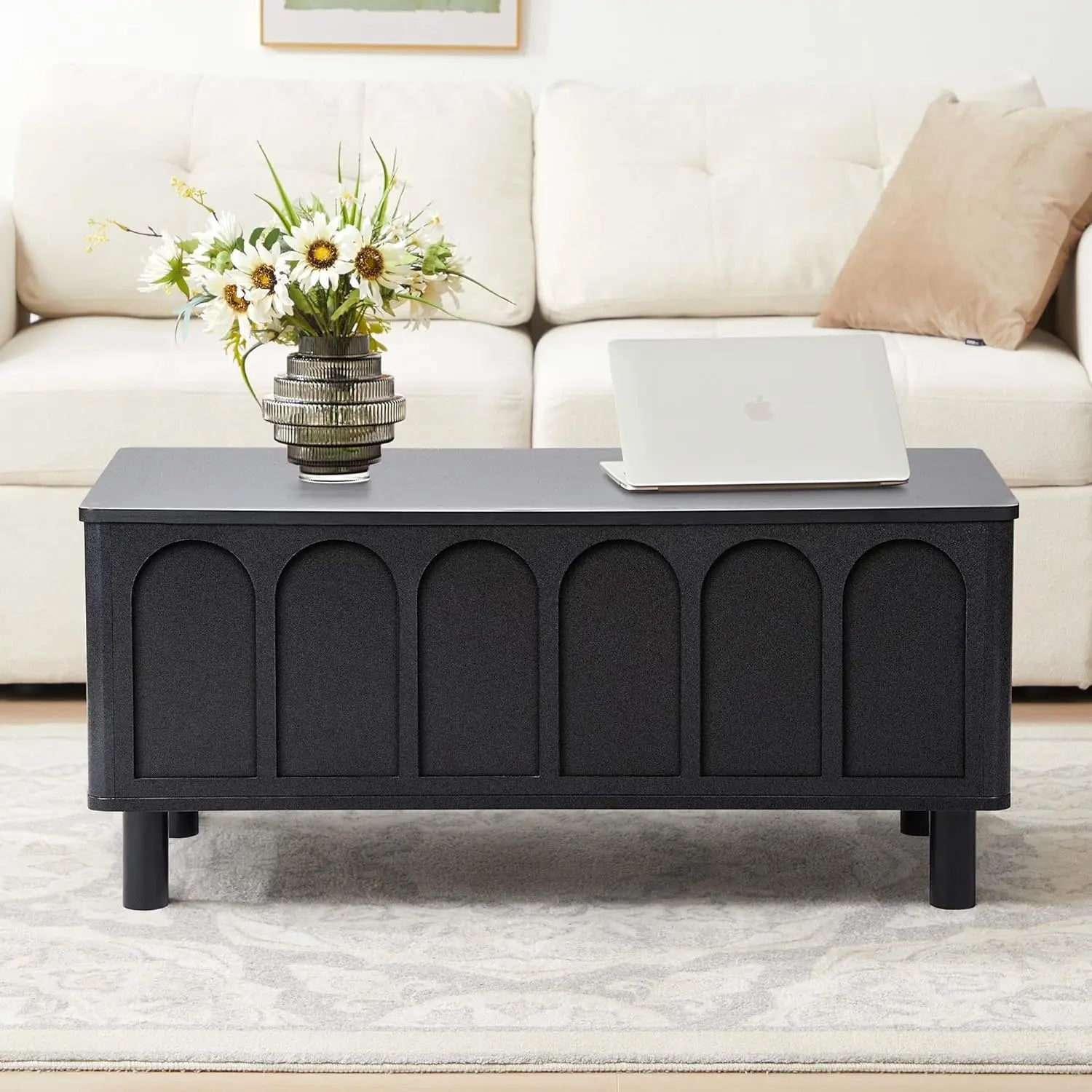 Lift Top Coffee Table with Arched Finish, Modern Coffee Table with Lifting Tabletop & Hidden Storage, Wood Center Tab，Customized