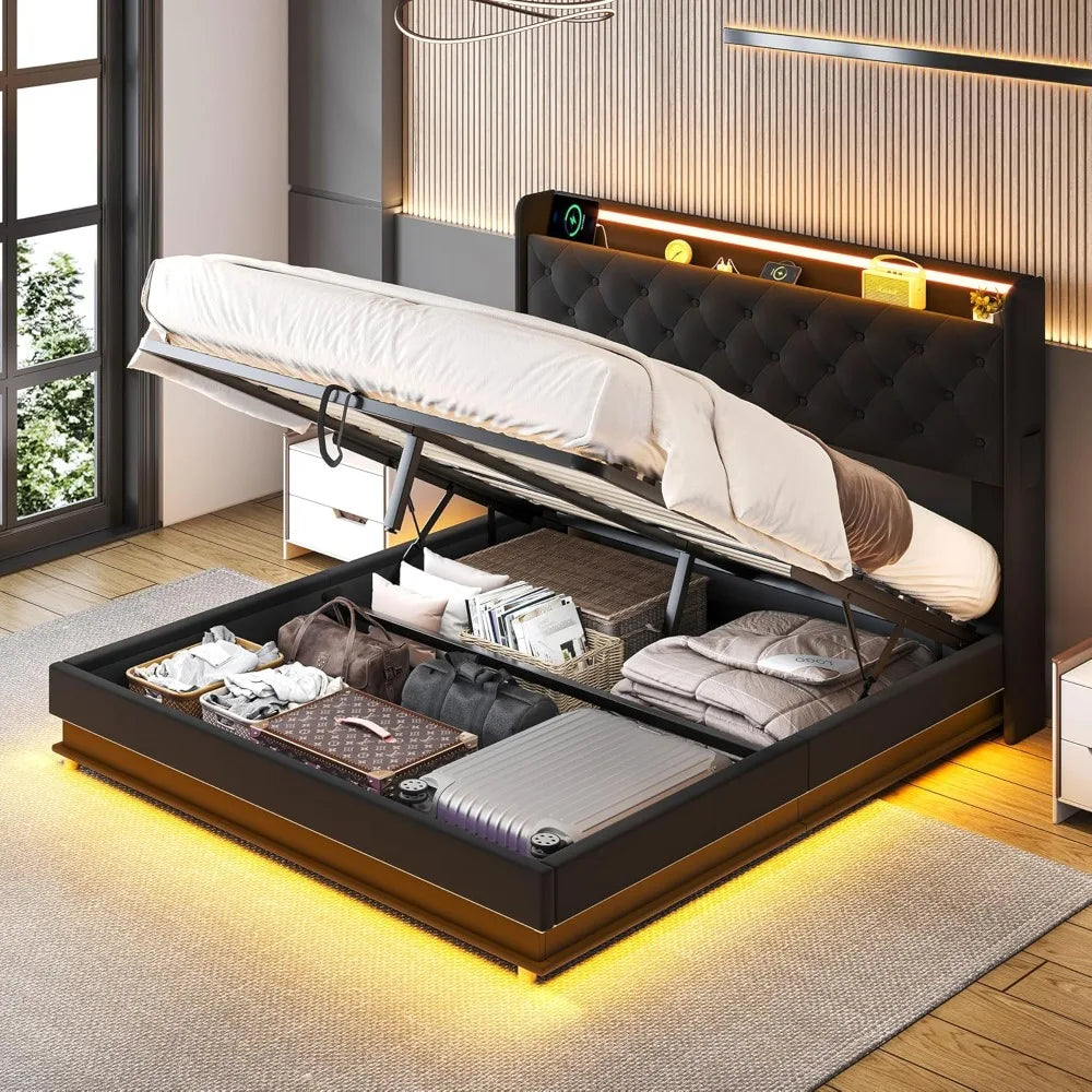 Lift Up Storage Bed Frame Queen Size with Charging Station & Led Lights,Upholstered Platform Bed with Wingback Storage Headboard