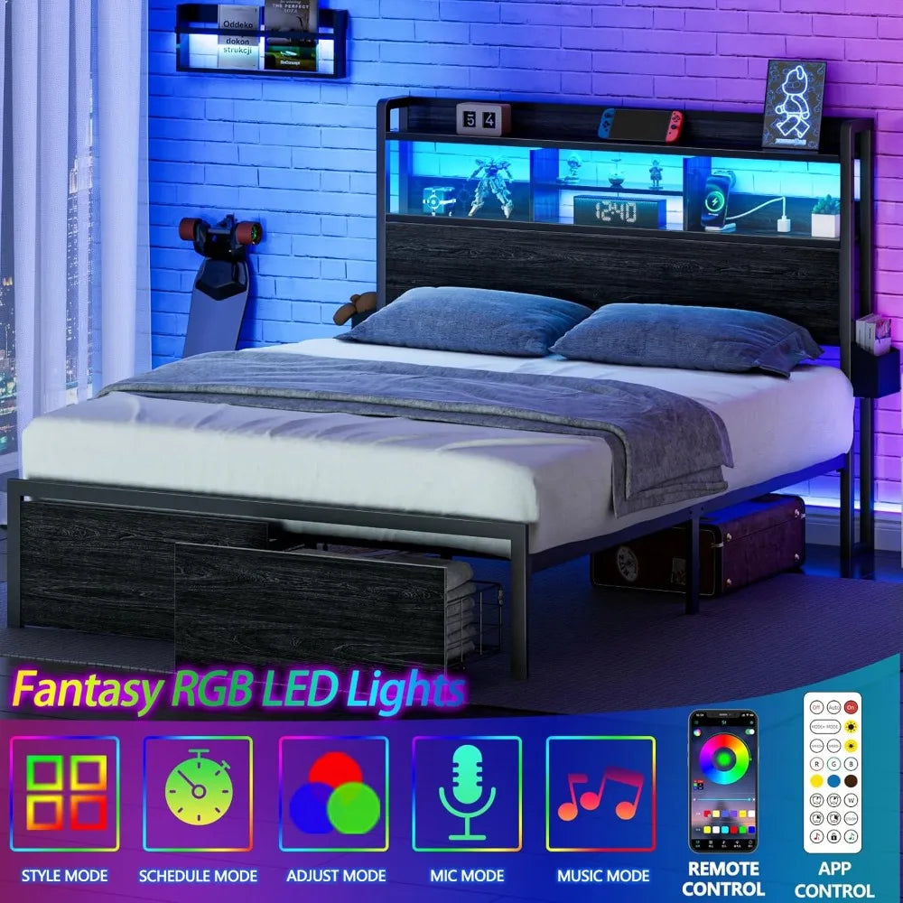 Queen Size Wood Headboard Bed Frame with Storage Shelf and Metal Platform Base, Including Storage Drawers and LED Lighting