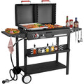 Propane Gas Griddle Charcoal Grill Combo Flat Top Griddle with Dual Lids 2 Side Shelves Dual Fuel BBQ Grill for Outdoor Barbecu