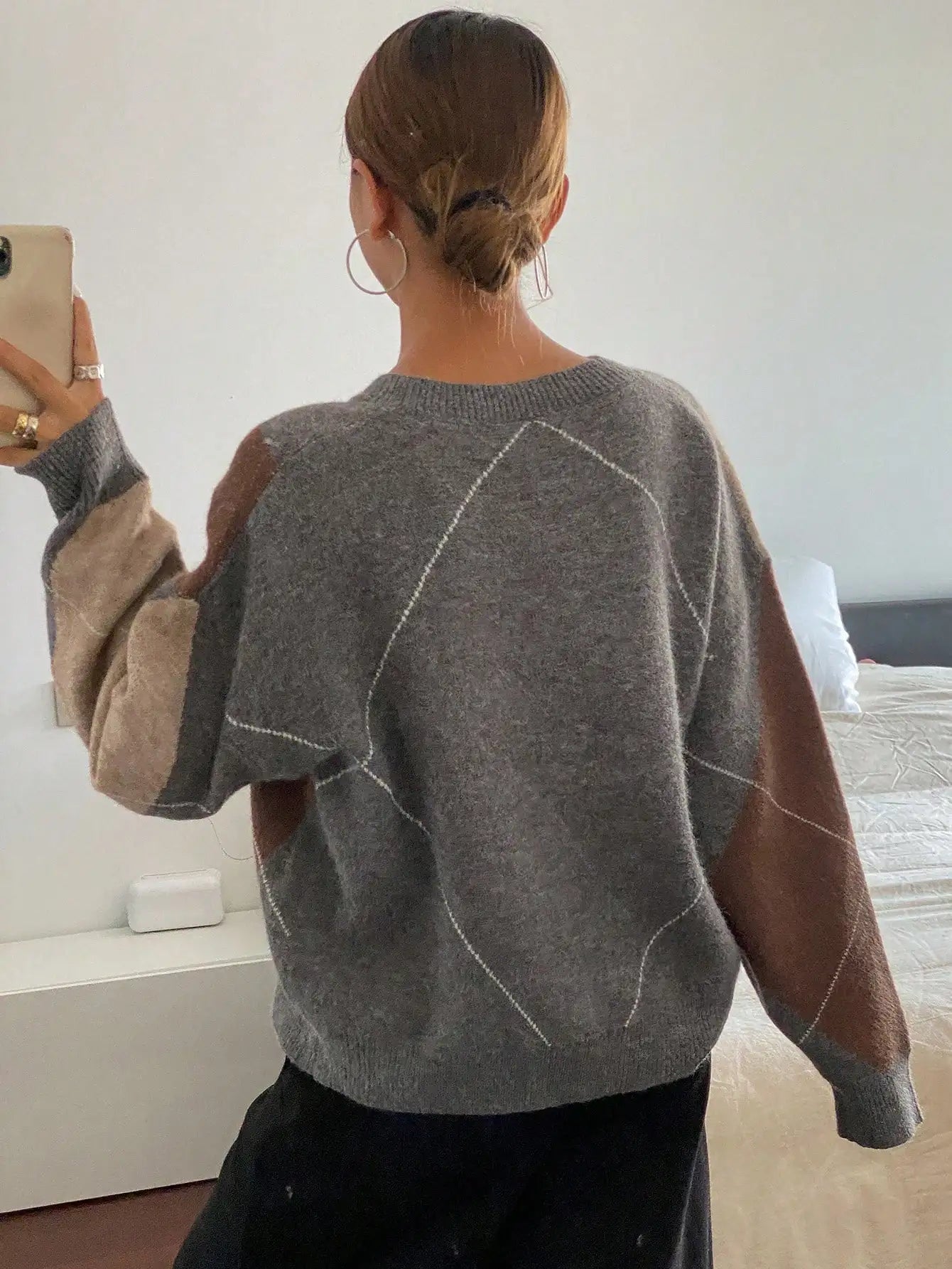 Plaid Loose Long Sleeve Crew Neck Women Sweater, Fall Clothes,Long Sleeve Tops