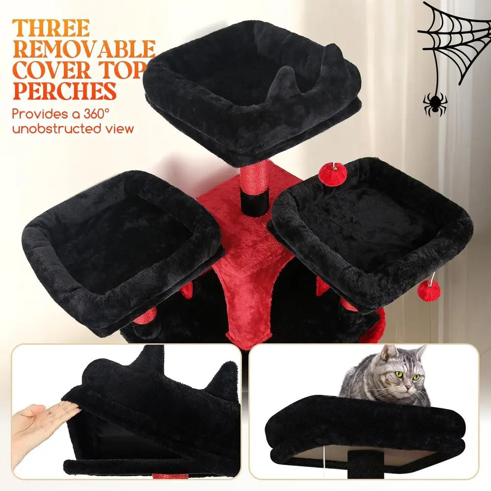 XXL 82-inch Gothic-Style Cat Tower with 3 Perches, 2 Condos, Scratching Post, and Hanging Baskets for Multiple Cats, Black Red