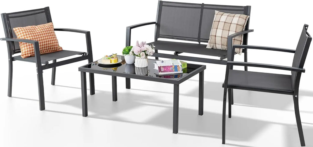 4-Piece Outdoor Patio Set with Glass Table, Loveseat & 2 Chairs for Garden, Lawn, Porch in Gray