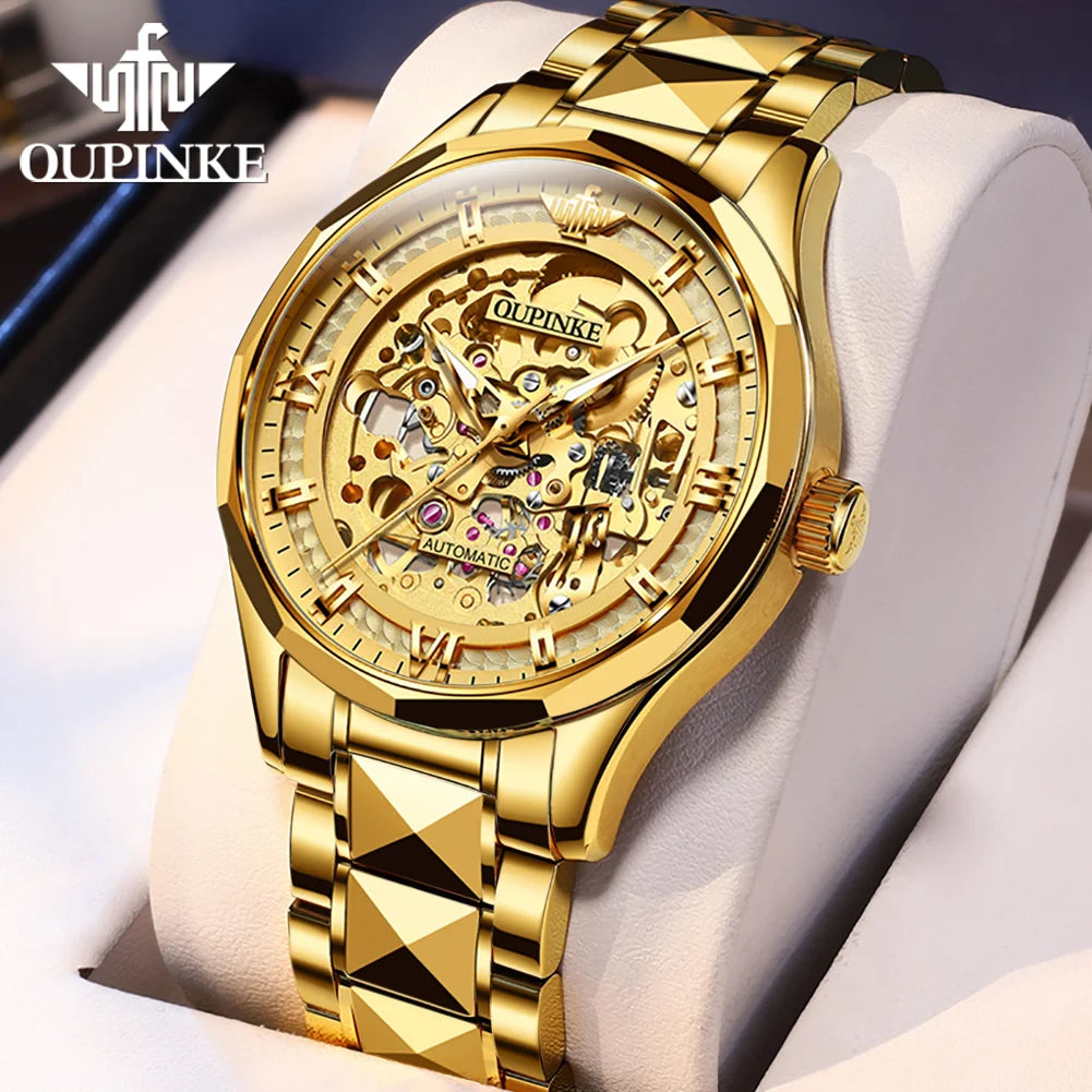 OUPINKE 3209 Men Automatic Watches Top Brand Hollow Skeleton Mechanical Watch For Men Luxury Waterproof Luminous Male Hand Clock