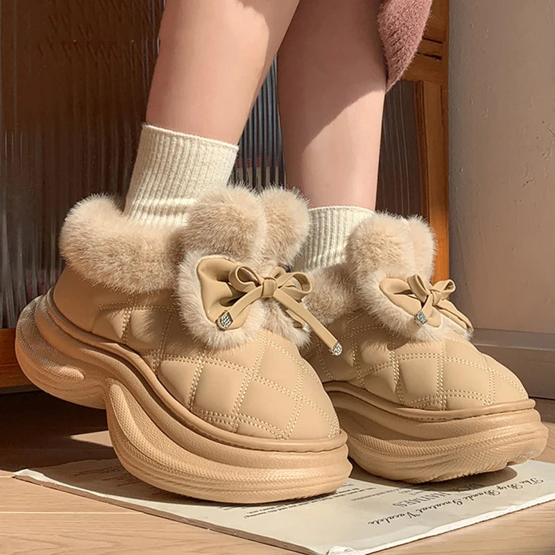 Sweet Bowknot Furry Indoor Slippers Women 2025 Winter Soft Thick Bottom Fluffy Fur Home Slippers Warm Plush Platform Slides