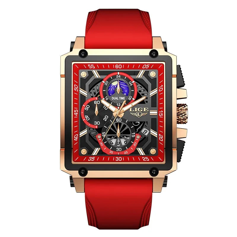 LIGE Men's Watches Silicone Strap Military Chronograph Waterproof Square Man Watch Top Brand Luxury Analog Quartz Wristwatch+Box
