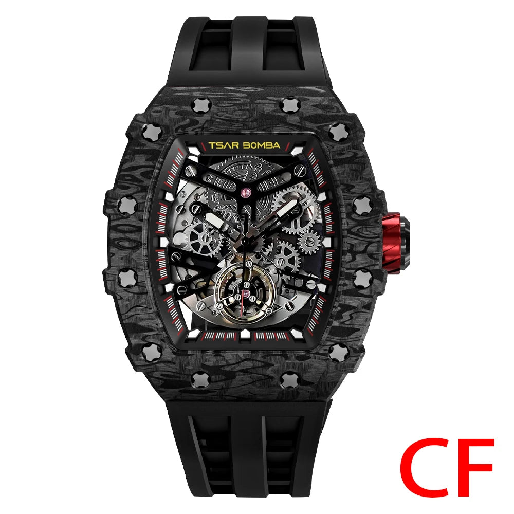 TSAR BOMBA Top Brand Mens Automatic Watches Skeleton Mechanical Clock Waterproof Luxury Fashion WristWatch for Men Carbon Fiber