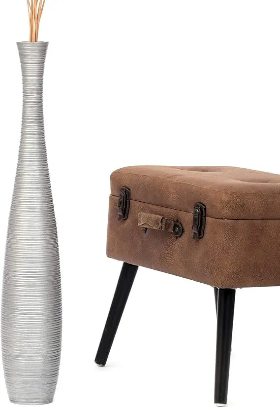 Large Silver Floor Vase Wooden 26 Tall for Home Decor, Ideal for Fake Plants and Pampas Grass, Farmhouse Style Flower Holder