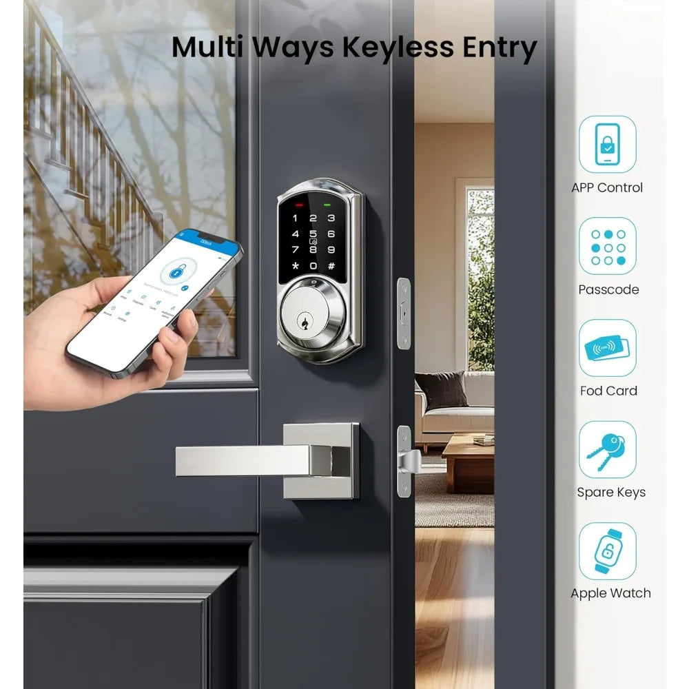 Veise RZ07C and VE06-L Smart Door Locks for Front Door with Handle, Satin Nickel