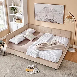 SOFTSEA Queen Size Upholstered Corner Daybed, Modern L-Shaped Daybed with Tufted Backrest, Velvet Corner Bed Floor Bed Frame wit