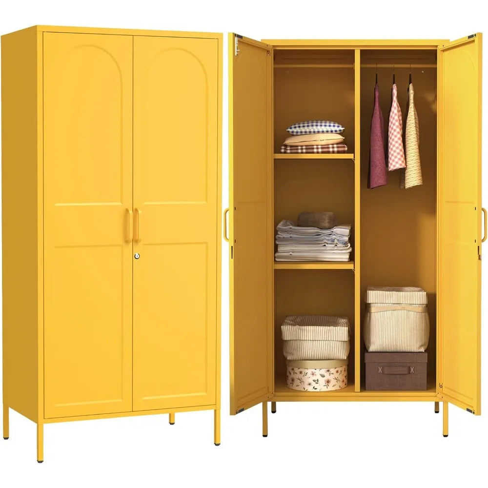 67 Inch Steel Lockable Wardrobe Cabinet with Hanging Rods, Adjustable Shelves for Home Storage