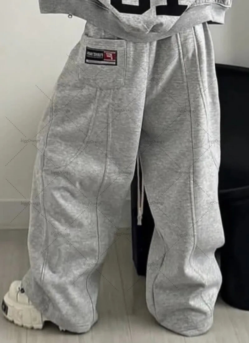 Gray High Street Retro Y2k Sports Suit for Women Striped Embroidered Multi-pocket Zipper Hoodie Men Casual Fashion Floor Pants