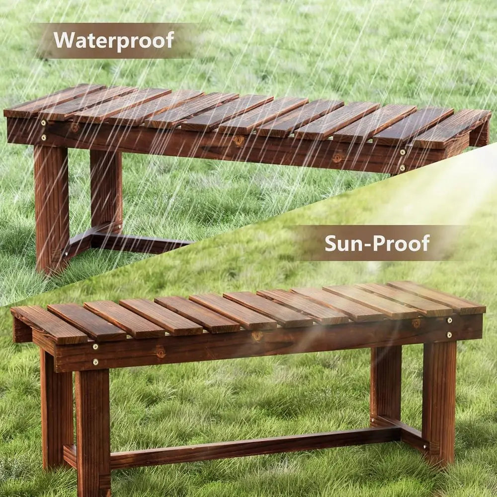 All-Weather 2-Person Wooden Garden Bench, Multifunctional Patio Seat for Outdoor Spaces (Carbonized Brown)
