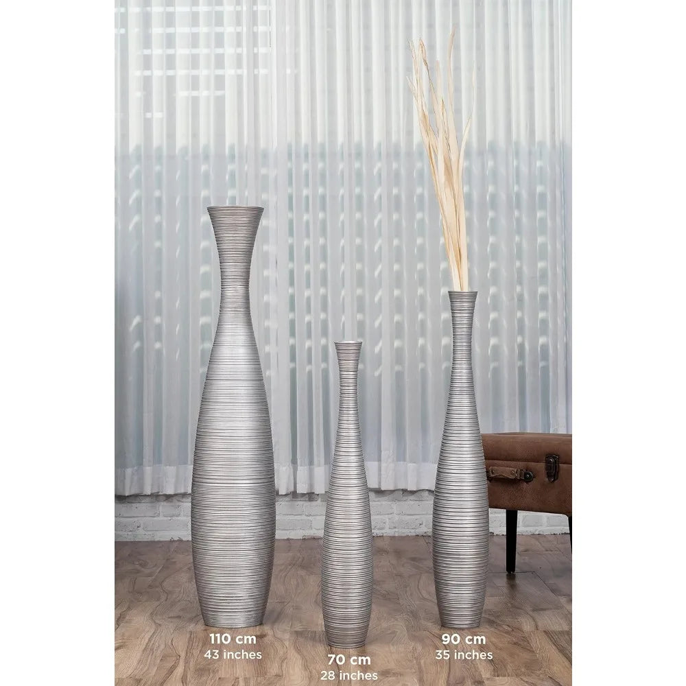 Large Silver Floor Vase Wooden 26 Tall for Home Decor, Ideal for Fake Plants and Pampas Grass, Farmhouse Style Flower Holder