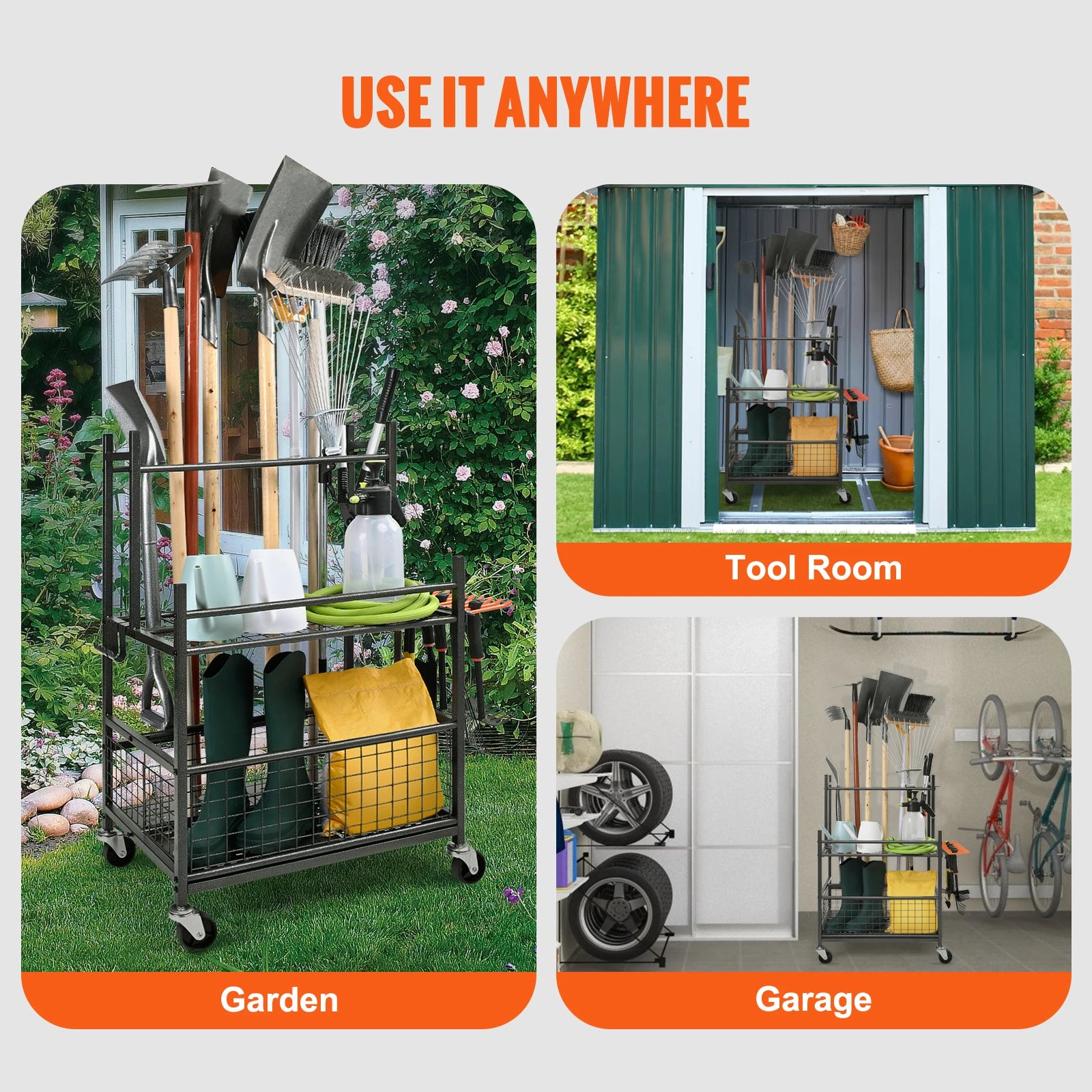 SucceBuy 16 Slots Garden Tool Organizer Yard Tool Tower Rack with Hooks Wheels Long-Handled Rake Stand Holder for Garage Storage