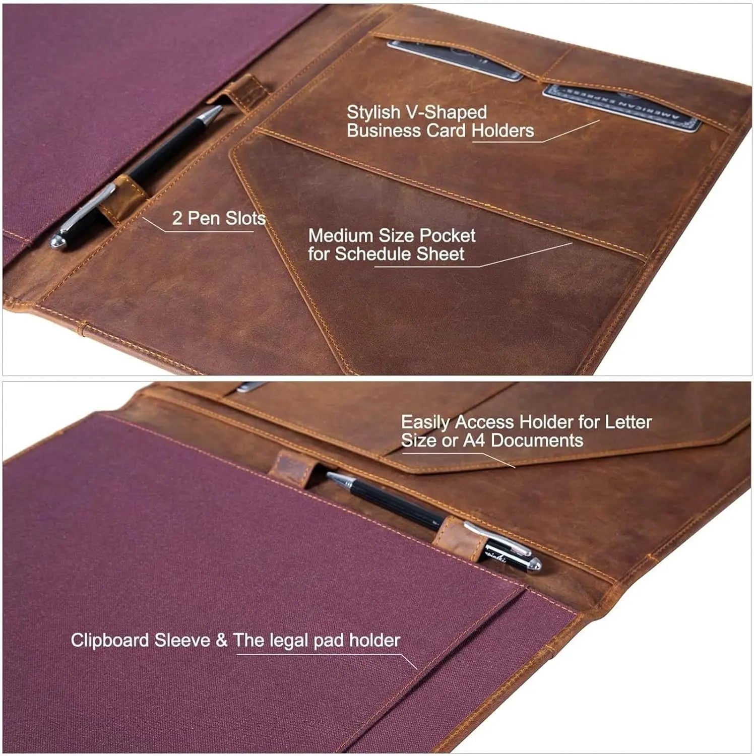 Genuine Leather Portfolio with A4 Document Folder, Professional Writing Padfolio Organizer for Men and Women