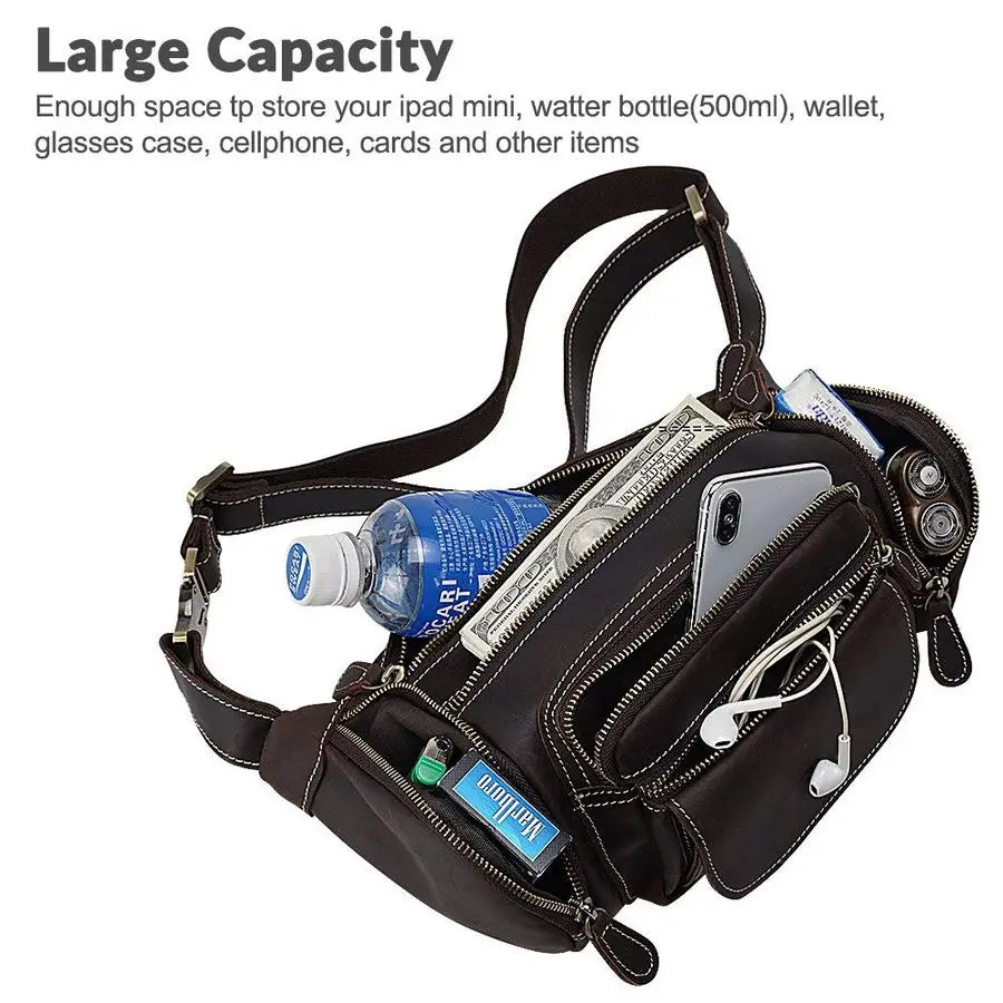 Genuine Leather Fanny Pack for Men Multifunction Waist Bag Outdoor Travel Camping Crossbody Bag