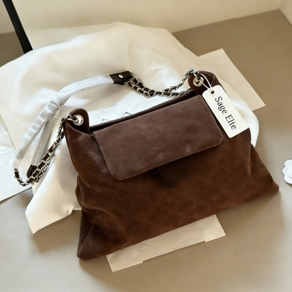 Sage Elite Brown Suede Crossbody Bag - Women's Stylish Chain Strap Purse, Versatile Daily Commute Shoulder Bag