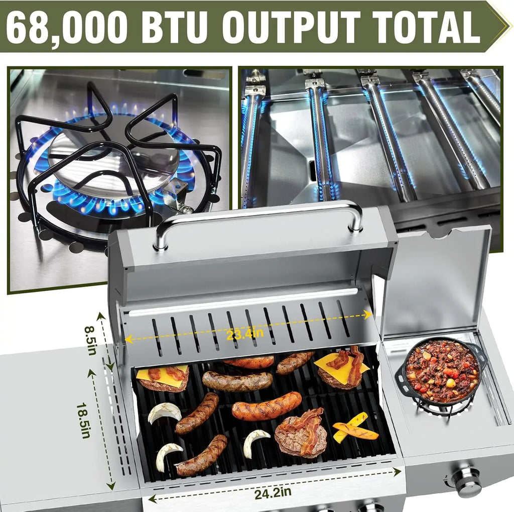 68,000 BTU 5+1 Burner Propane Grill - Stainless Steel BBQ with 647 sq in UPGRADED OIL-DRAIN Plates, Cast Iron Grates, Side Burne